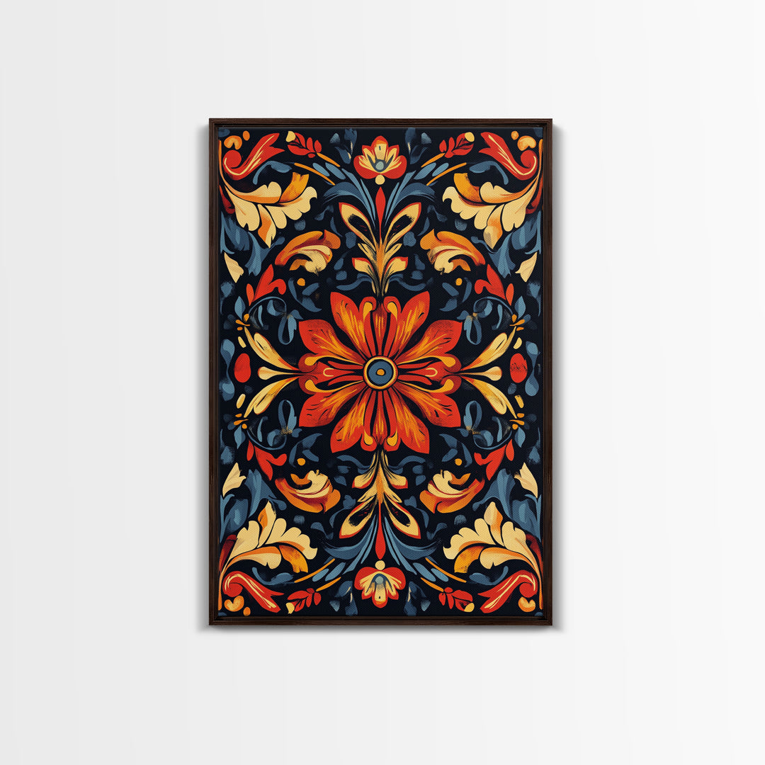 Botanical Floral Tile Pattern Framed Canvas Print, Southwestern Decor, Modern Farmhouse, Pueblo Style Art, Mexicano Chicano Art