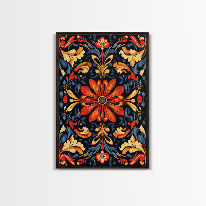 Botanical Floral Tile Pattern Framed Canvas Print, Southwestern Decor, Modern Farmhouse, Pueblo Style Art, Mexicano Chicano Art