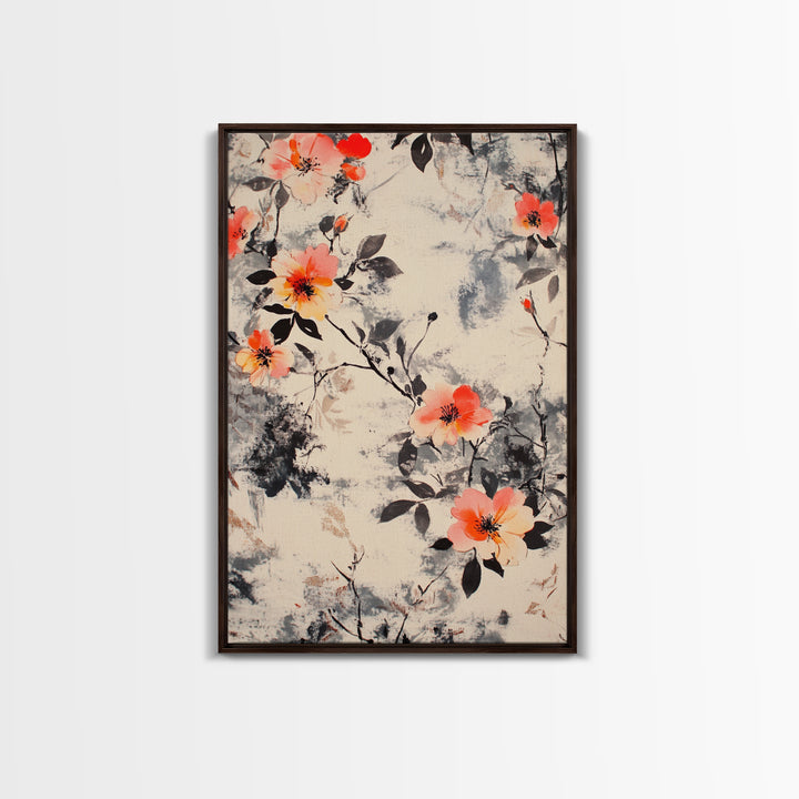 California Poppy Wall Art Framed Canvas Print, Wood Framed Art, Floral Pattern, Flower Painting Farmhouse Wall Art