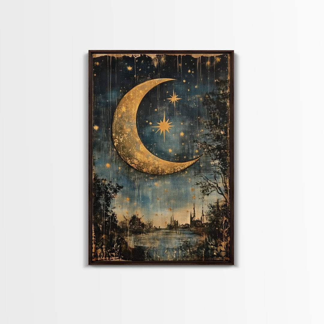 Crescent Moon in Starry Night Sky, Folk Art Framed Canvas Print, Boho Eclectic Decor, Minimalist Witchy Wall Art, Moody Decor