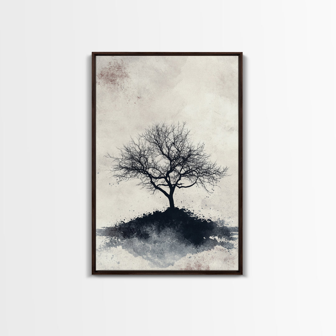Black and White Charcoal Sketch Print of a Dead Tree, Framed Canvas Print, Wabi Sabi Art, Minimalist Wabi Sabi Home Decor