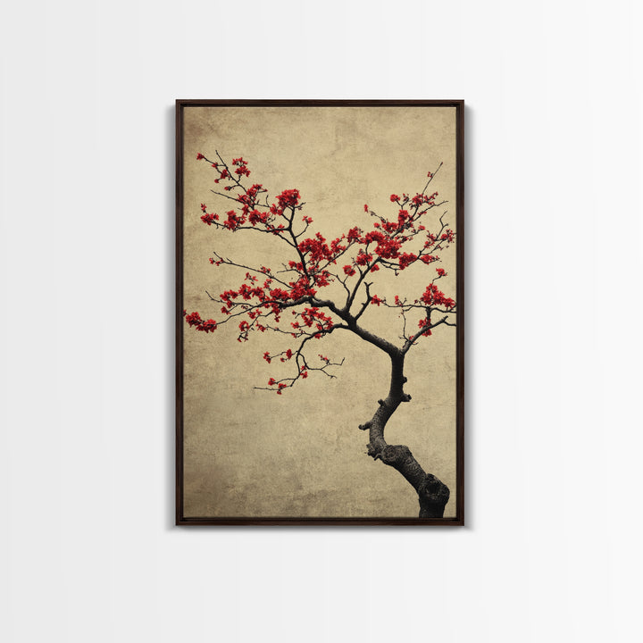 Japanese Maple Tree in Spring, Framed Canvas Print, Cherry Blossoms Painting, Wood Framed Living Room Art, Minimalist Decor