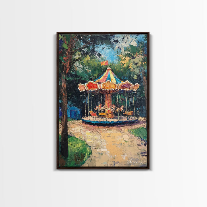 Carrousel Wall Art Framed Canvas Print, Oil Painting Carrousel, Circus Decor, Nursery Decor, Kid's Room Wall Art