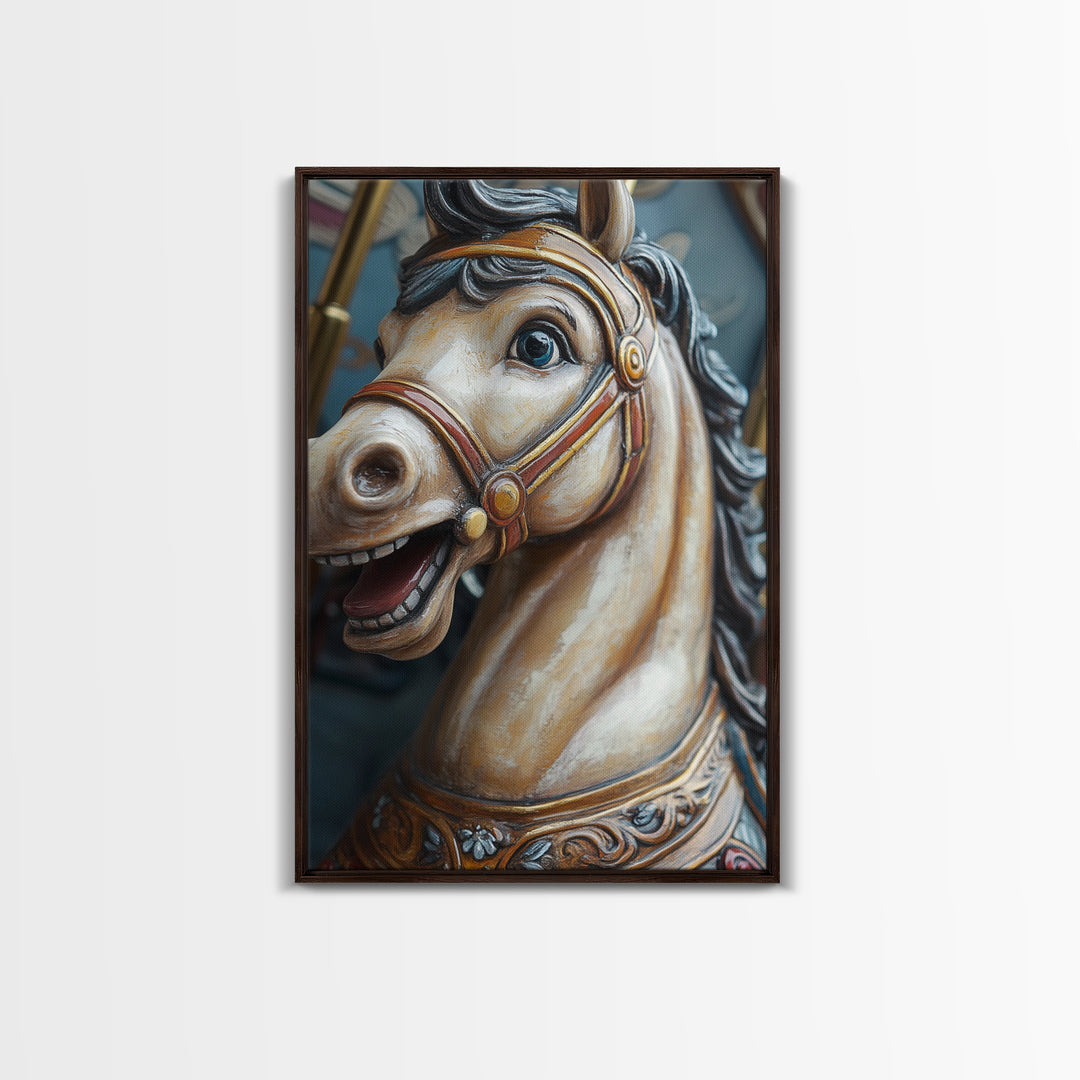 Creepy Carrousel Horse Framed Canvas Print, Nursery Decor, Wood Framed Wall Art Home Decor