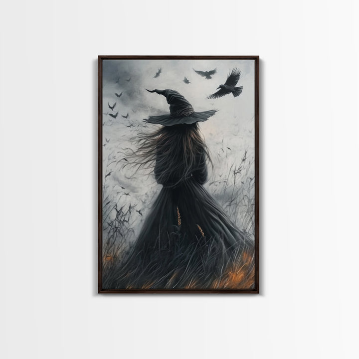 The Witch and her Crows, Framed Canvas print, Spooky Season Halloween Wall Art, Gothic Home Decor, Witch Wall Art, Halloween Art