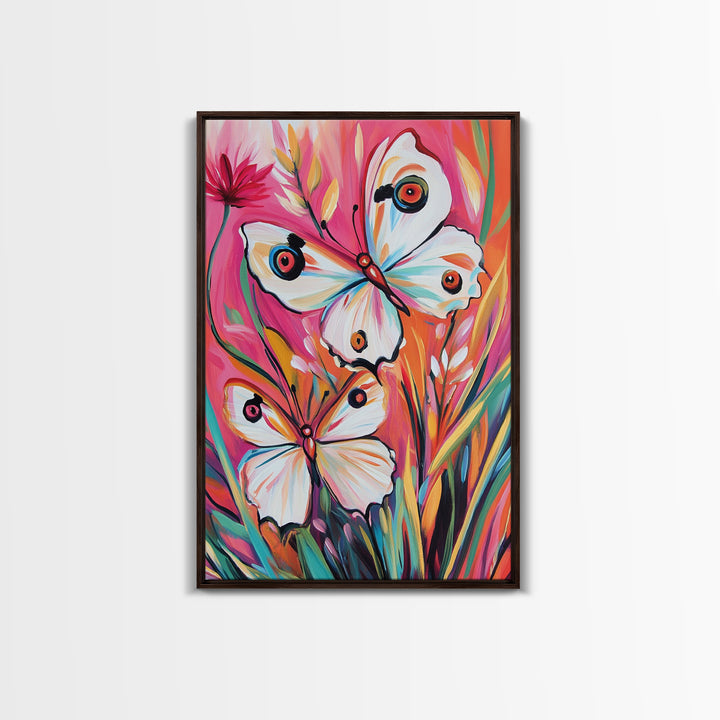 Abstract Painting Print of White Butterflies on Pink Background, Home Decor, Preppty Wall Art, Framed Canvas Print