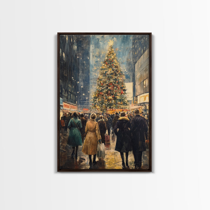 Christmas Village Wall Art Canvas print - Christmas Painting - Christmas Shopeprs in NYC in the 1950s - Christmas Decor - Winter Wall Art
