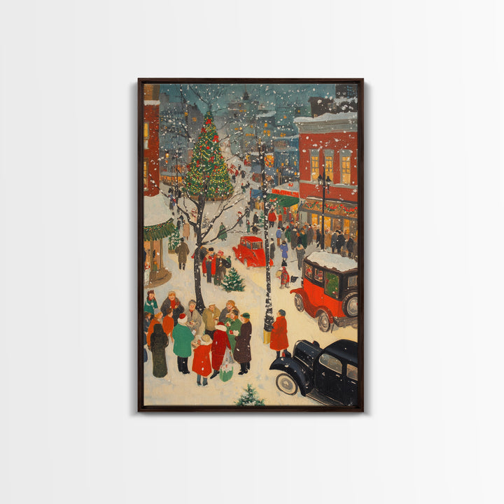 Christmas Village Home Decor - Framed Canvas Print - Retro Christmas Village Painting - Christmas Shoppers Painting - Retro Christmas Decor