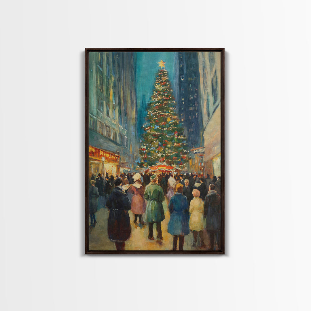 Christmas in Town Sqaure Framed Canvas Print, Retro Christmas Village Wall Art, Christmas Decor, Christmas Wall Art, Farmhouse Christmas