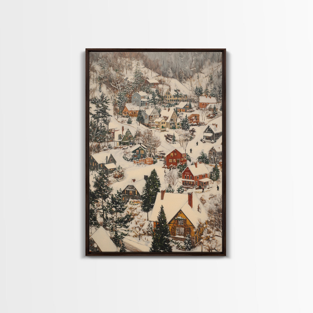 Christmas Village Covered in Snow, Framed Canvas Print, Christmas Oil painting print, Vintage Christmas Art Print, Christmas Wall Art