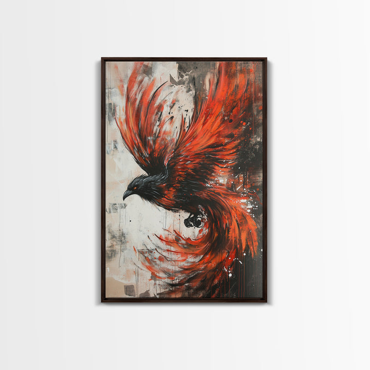 Canvas Print Of a Phoenix Painting, Wood Framed Art, Grunge Decor, Loft Art, Phoenix With Flaming Wings Wall Art