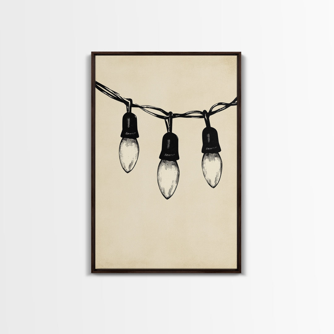 Black and White Sketch of Christmas Lights Canvas Print - Framed Canvas - Minimalist Christmas Art - Boho Christmas Art - Rustic Christmas Art