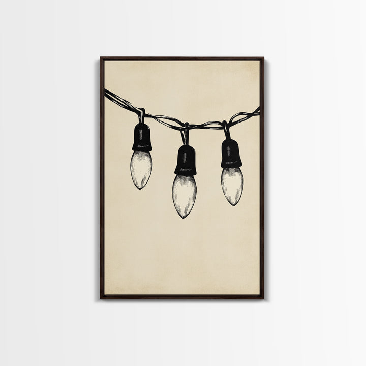 Black and White Sketch of Christmas Lights Canvas Print - Framed Canvas - Minimalist Christmas Art - Boho Christmas Art - Rustic Christmas Art