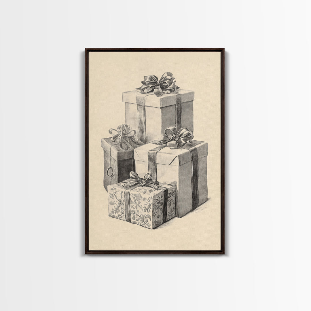Drawing of Christmas Gifts Canvas Print - Framed Canvas - Minimalist Christmas Art - Boho Christmas Art - Rustic Christmas Art