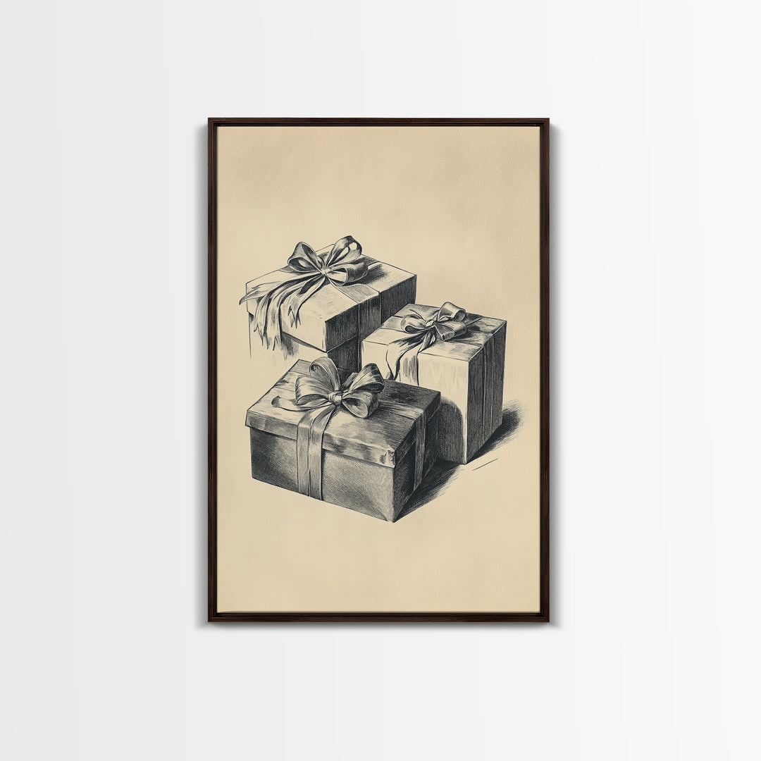 Retro Sketch of Christmas Gifts Canvas Print - Framed Canvas - Minimalist Christmas Art - Boho Christmas Art - Rustic Christmas Art