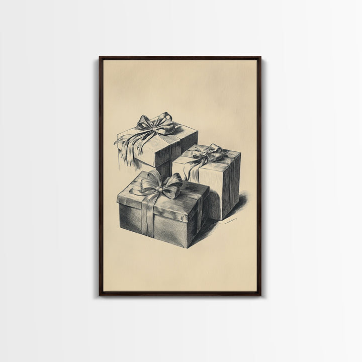 Retro Sketch of Christmas Gifts Canvas Print - Framed Canvas - Minimalist Christmas Art - Boho Christmas Art - Rustic Christmas Art