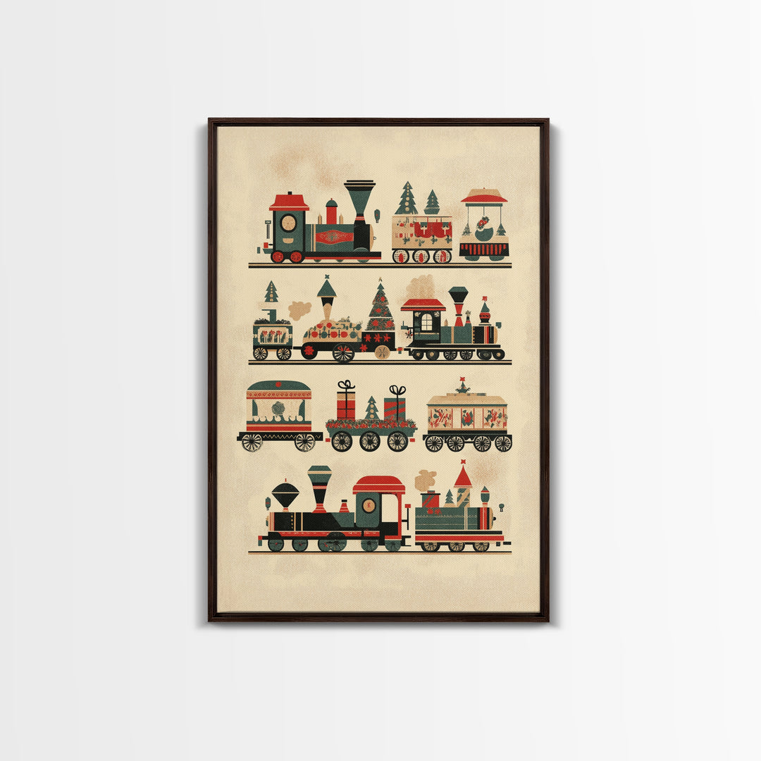 Cute Christmas Trains Canvas Print - Framed Canvas - Minimalist Christmas Art - Boho Christmas Art - Rustic Christmas Art