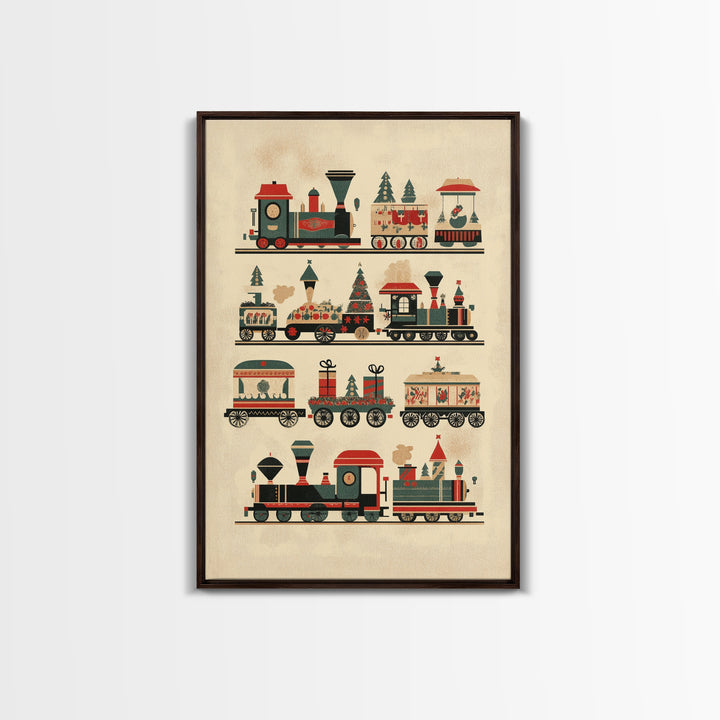 Cute Christmas Trains Canvas Print - Framed Canvas - Minimalist Christmas Art - Boho Christmas Art - Rustic Christmas Art