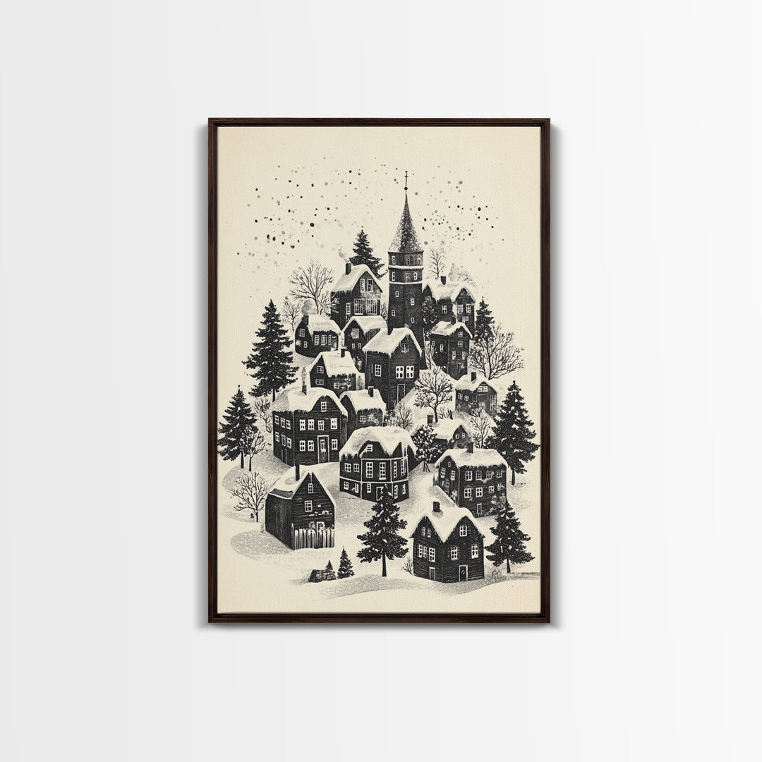 Black and White Sketch of A Christmas Village Canvas Print - Framed Canvas - Minimalist Christmas Art - Boho Christmas Art - Rustic Christmas Art