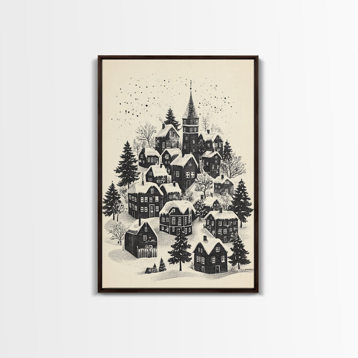 Black and White Sketch of A Christmas Village Canvas Print - Framed Canvas - Minimalist Christmas Art - Boho Christmas Art - Rustic Christmas Art