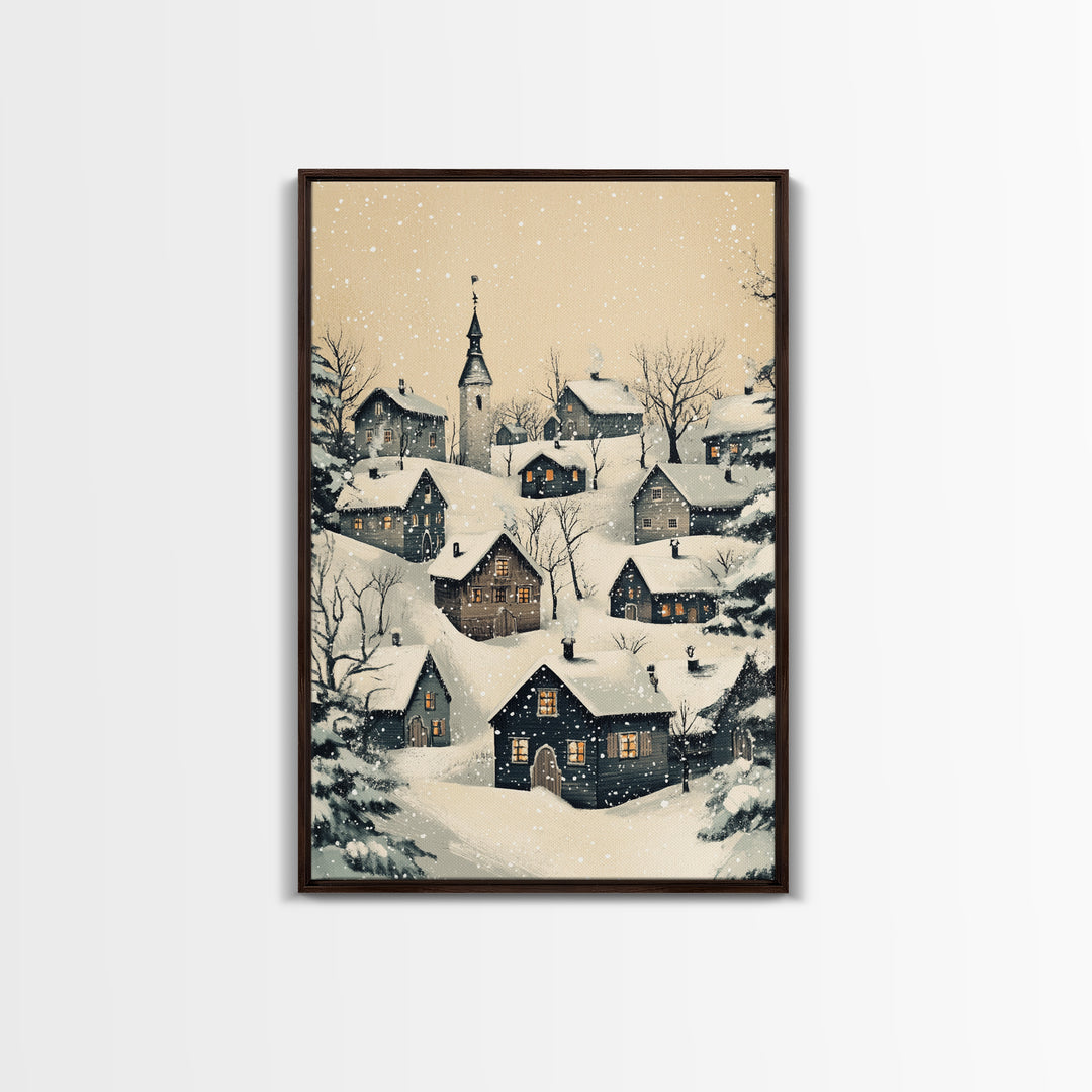 Christmas Village Canvas Print - Framed Canvas - Minimalist Christmas Art - Boho Christmas Art - Rustic Christmas Art