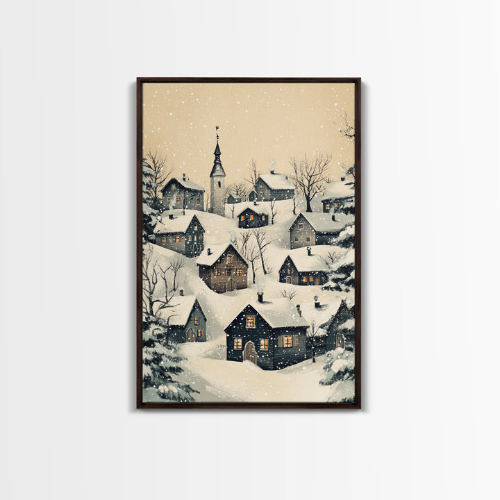 Christmas Village Canvas Print - Framed Canvas - Minimalist Christmas Art - Boho Christmas Art - Rustic Christmas Art