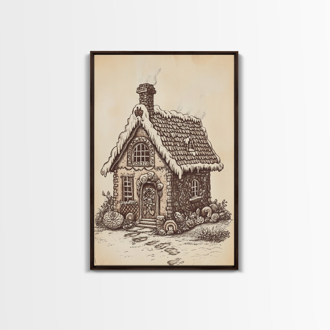 Ginger Bread House Canvas Print - Framed Canvas - Minimalist Christmas Art - Boho Christmas Art - Rustic Christmas Art