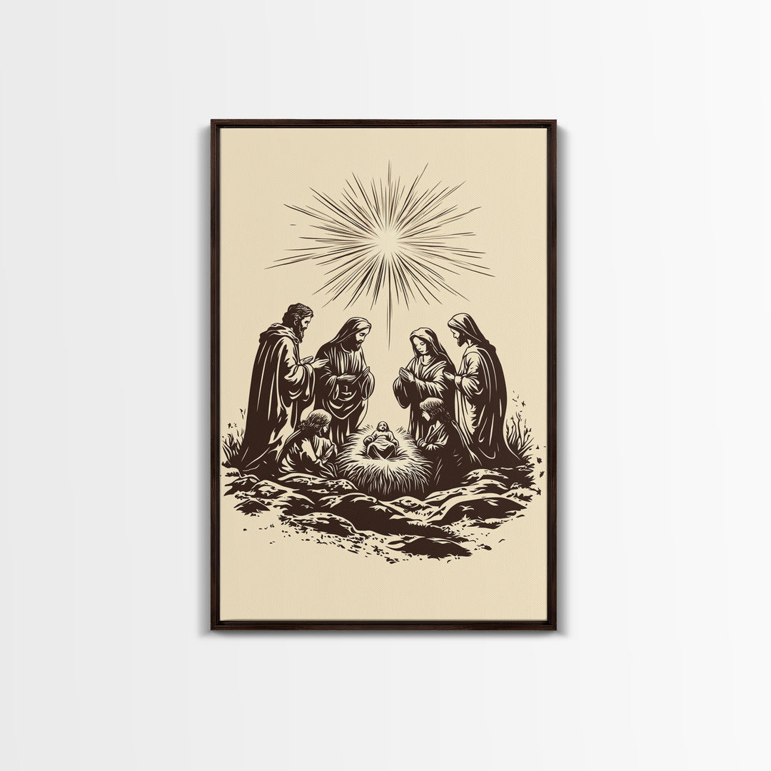 Nativity Scene Canvas Print - Framed Canvas - Minimalist Christmas Art - Boho Christmas Art - Rustic Christmas Art - Nativity Painting