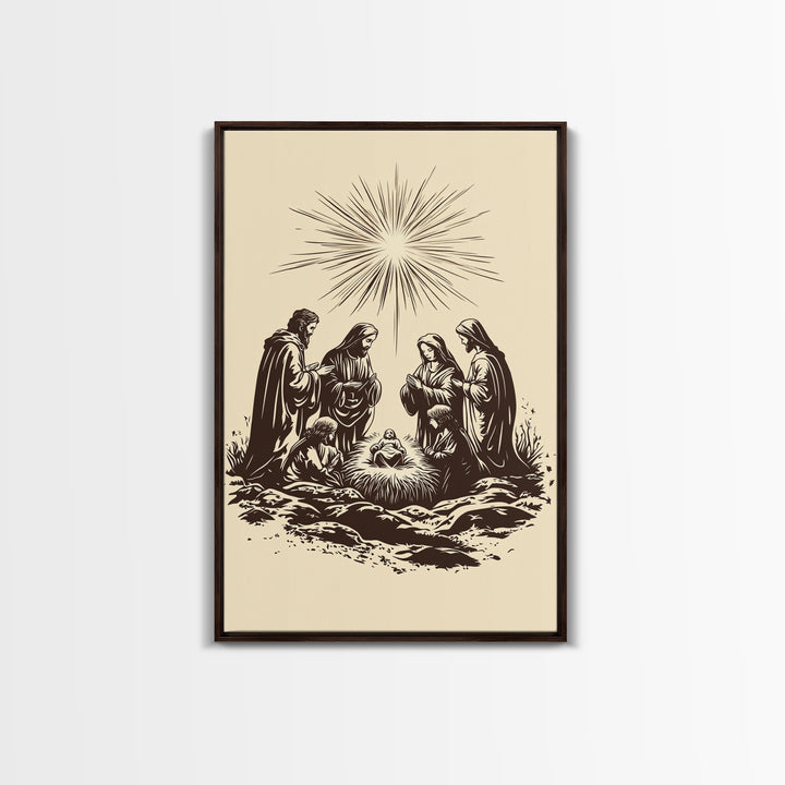 Nativity Scene Canvas Print - Framed Canvas - Minimalist Christmas Art - Boho Christmas Art - Rustic Christmas Art - Nativity Painting