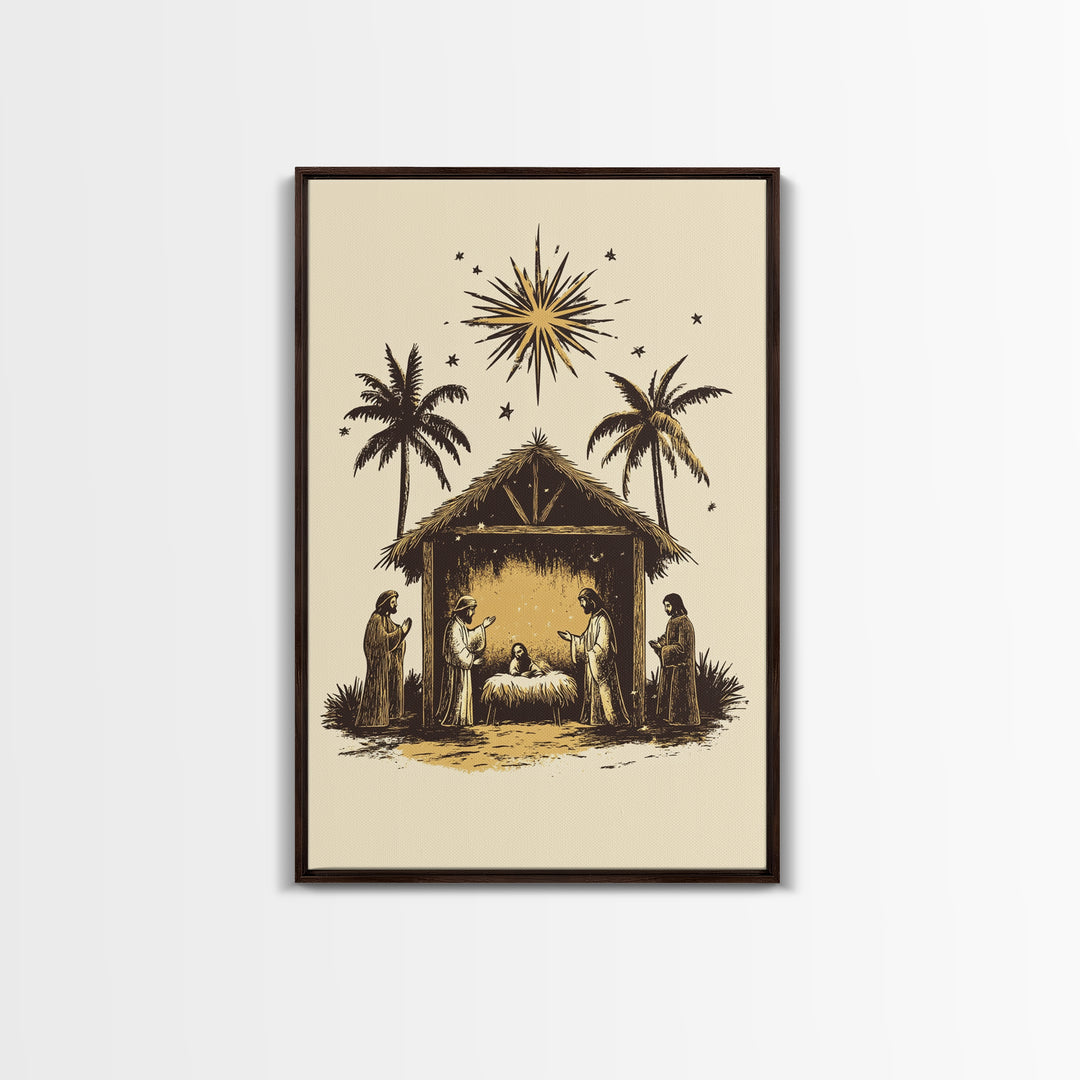 Vintage Nativity Scene Canvas Print - Framed Canvas - Minimalist Christmas Art - Boho Christmas Art - Rustic Christmas Art