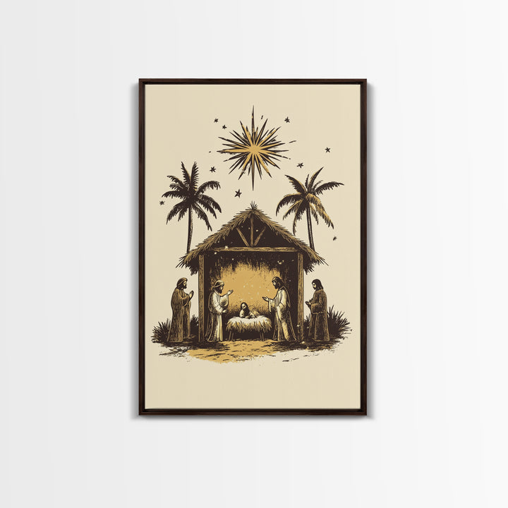 Vintage Nativity Scene Canvas Print - Framed Canvas - Minimalist Christmas Art - Boho Christmas Art - Rustic Christmas Art