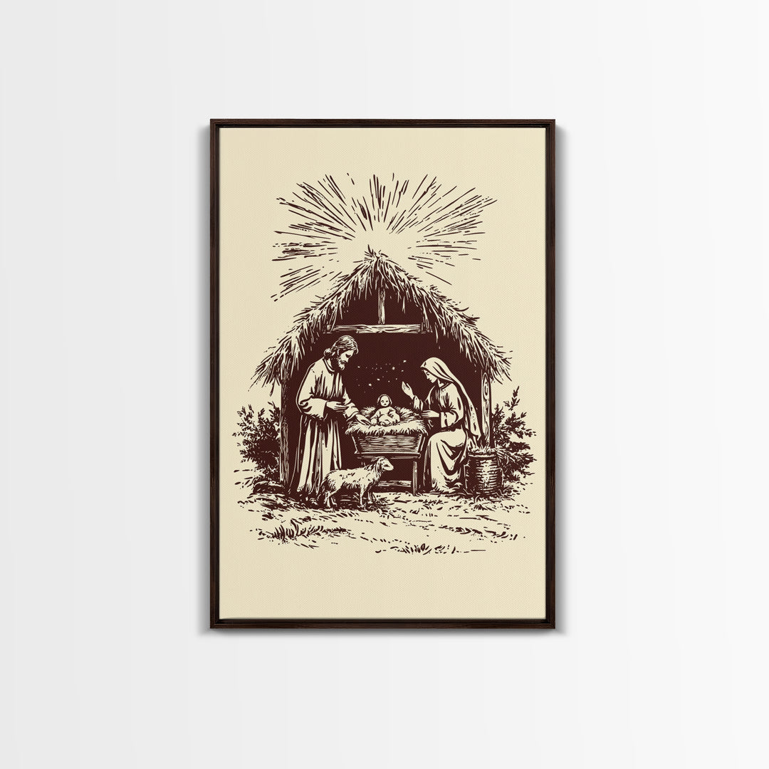Retro Nativity Scene Canvas Print - Framed Canvas - Minimalist Christmas Art - Boho Christmas Art - Rustic Christmas Art