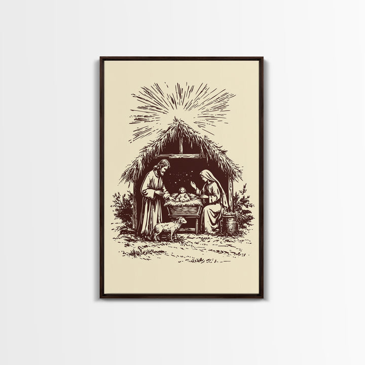 Retro Nativity Scene Canvas Print - Framed Canvas - Minimalist Christmas Art - Boho Christmas Art - Rustic Christmas Art