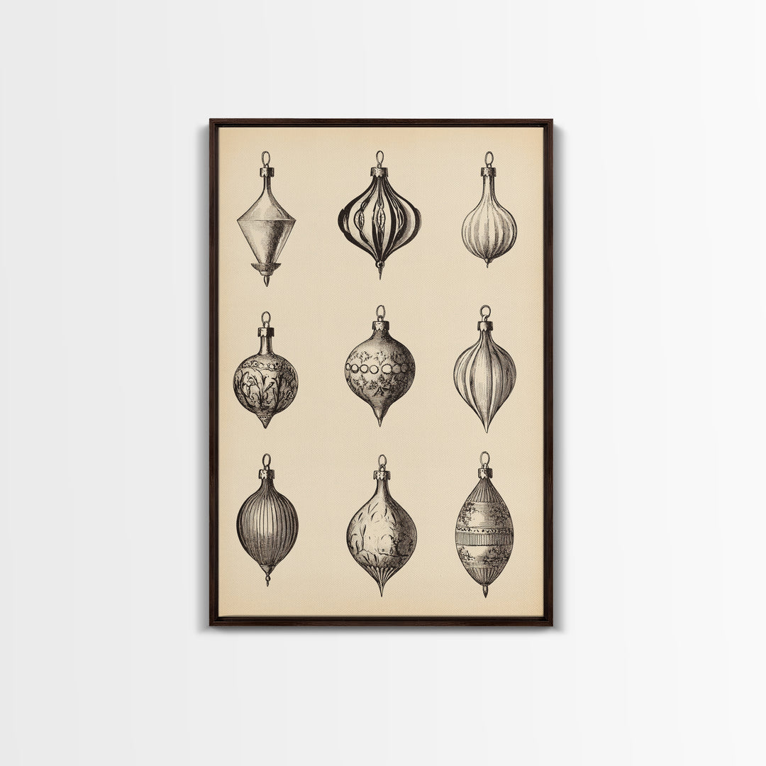 Retro Christmas Ornaments Canvas Print - Framed Canvas - Minimalist Christmas Art - Boho Christmas Art - Rustic Christmas Art