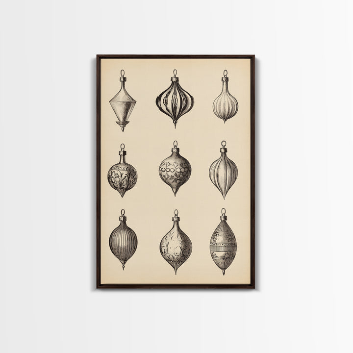Retro Christmas Ornaments Canvas Print - Framed Canvas - Minimalist Christmas Art - Boho Christmas Art - Rustic Christmas Art