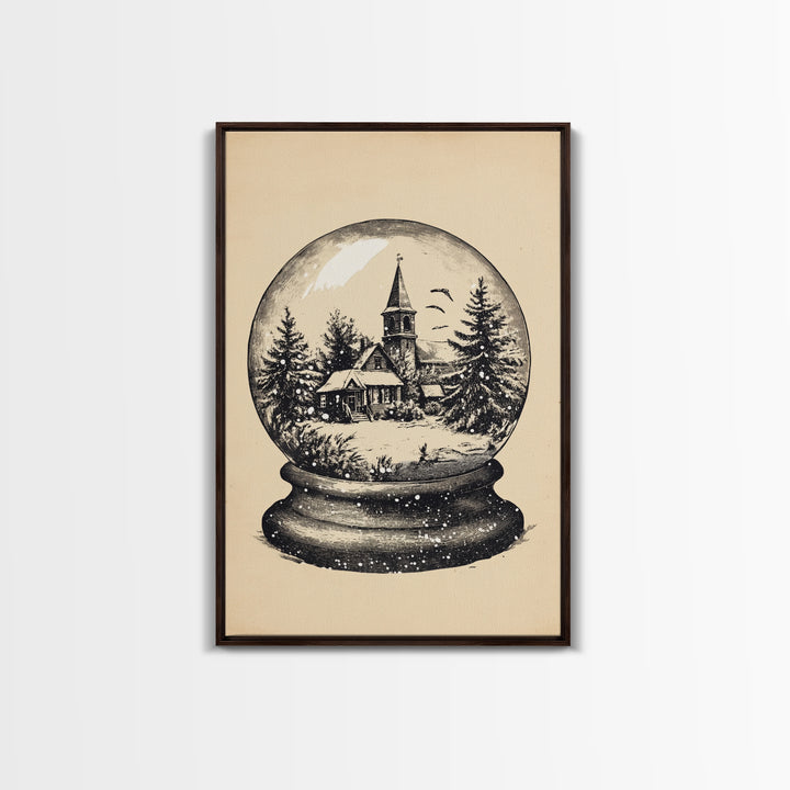 Retro Christmas Snowglobe Canvas Print - Framed Canvas - Minimalist Christmas Art - Boho Christmas Art - Rustic Christmas Art