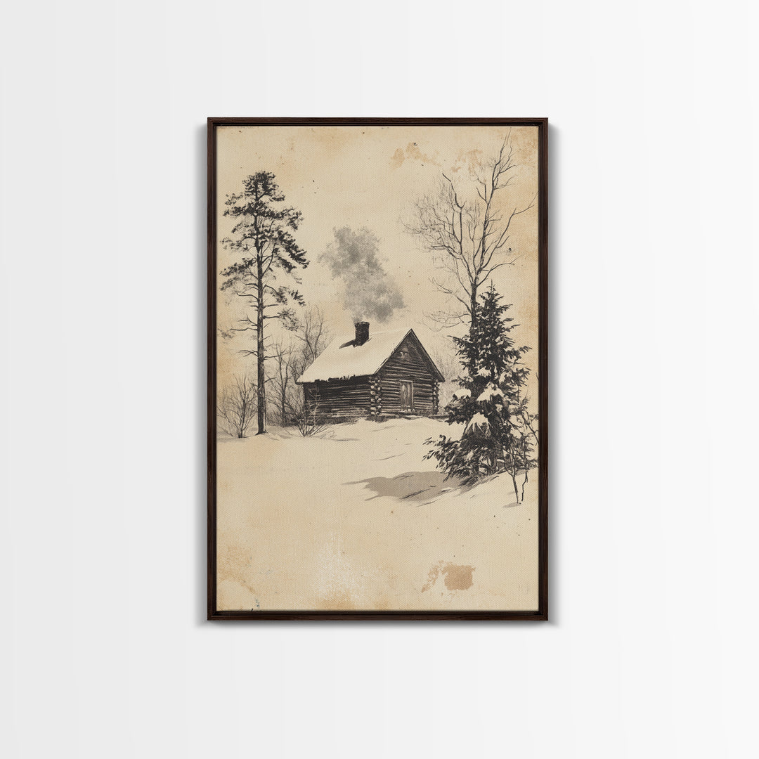 Christmas Cabin Canvas Print - Framed Canvas - Minimalist Christmas Art - Boho Christmas Art - Rustic Christmas Art