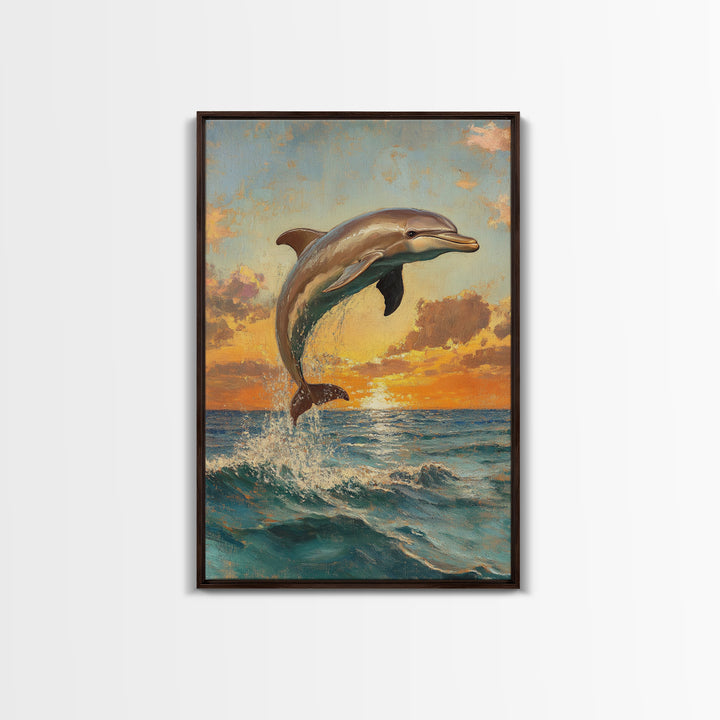 Dolphin Jumping At Sunset, Framed Canvas Print, Dolphin Painting, Dolphin Decor, Dolphin Wall Art