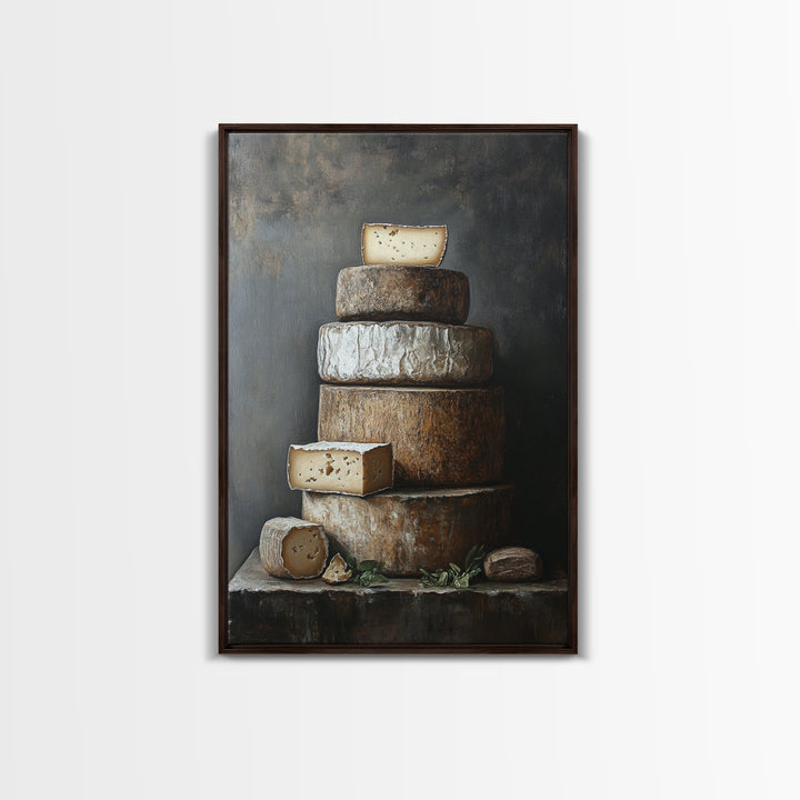 Cheese Wall Art Framed Canvas Print, Cheese Still Life, Cheese Painting, Kitchen Decor, Dining Room Wall Art, Rustic Farmhouse Kitchen Art
