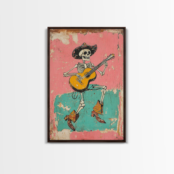 Retro Vaquero Skeleton Art Print, Canvas Art, Chicano Art, Spooky Mexican Art, Sugar Skull Art