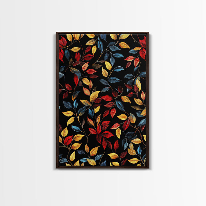Botanical Fall Leaves Art Print On Canvas with Wood Frame, Black Background, Retro Style Home Decor