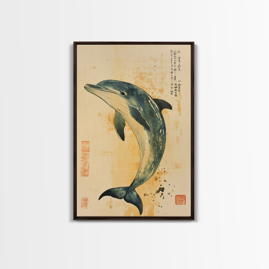 Japanese Style Dolphin Print, Nautical Decor, Framed Canvas Print, Dolphin Painting, Dolphin Art, Gift For Him, Office Art