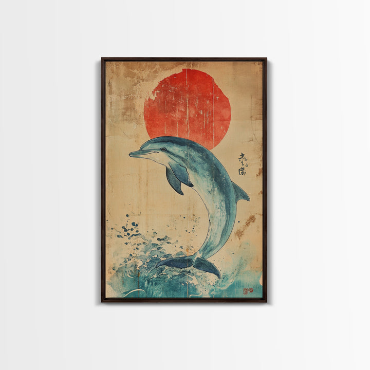 Dolphin Jumping Under A Sunset Over the Ocean Framed Canvas Print, Wabi Sabi Nautical Home Decor, Minimalist Wall Art, Office Decor