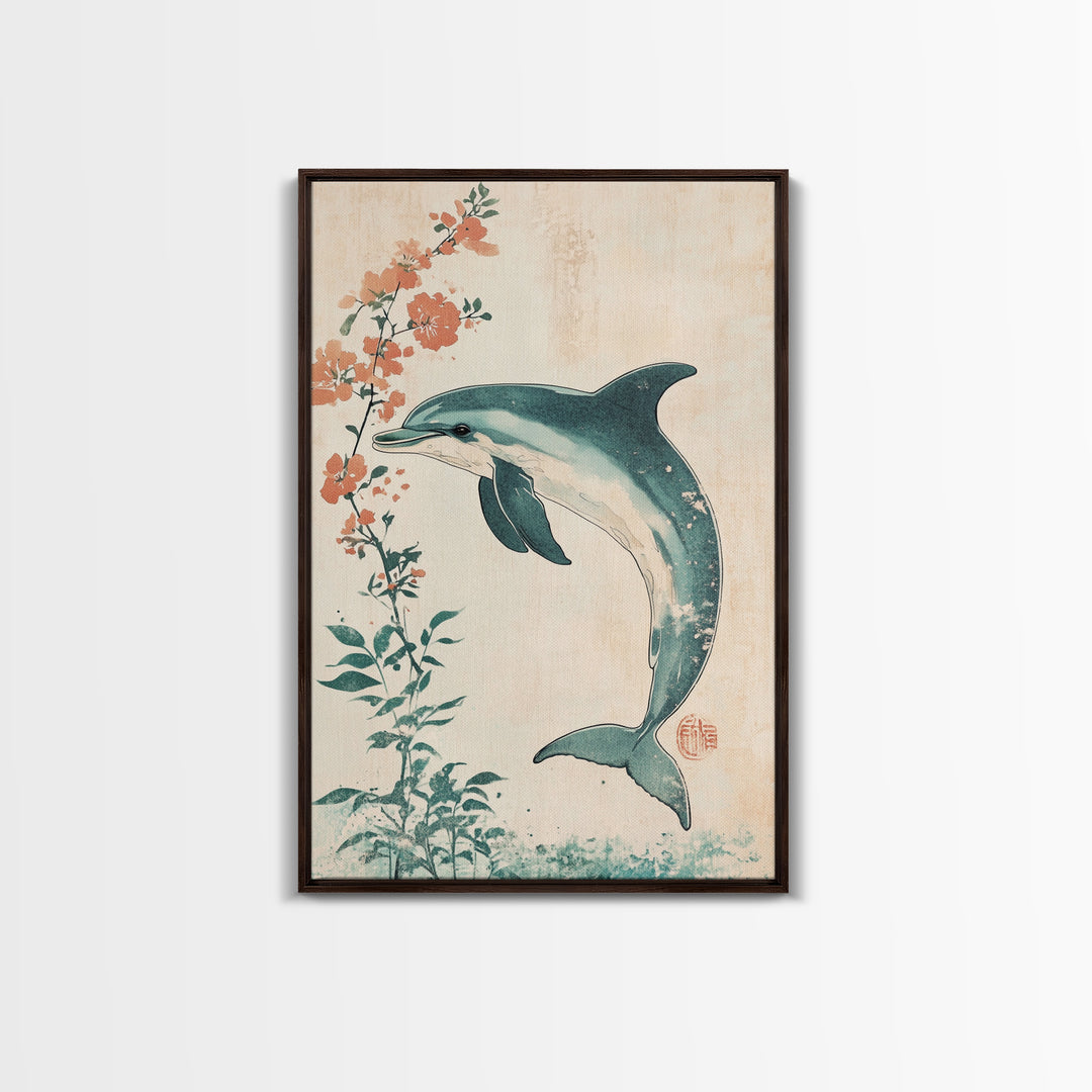 Cherry Blossoms and Dolphins, Framed Canvas Print, Home Decor, Wabi Sabi Dolphin Painting, Minimalist Decor, Living Room Art, Bedroom Art