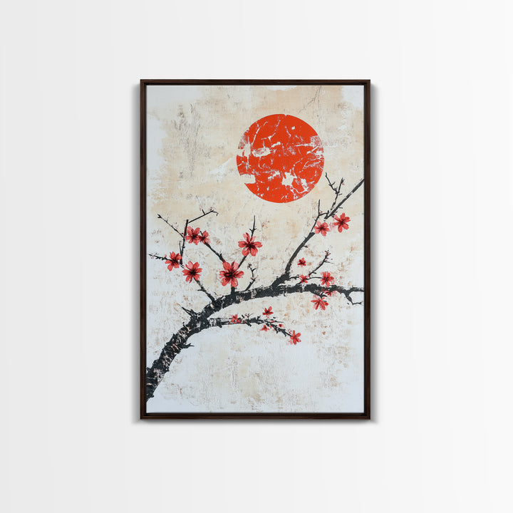 Cherry Blossoms and Sunset Framed Canvas Print - Minimalist Wabi Sabi Wall Art - Cherry Blossoms Painting - Home Decor - Japanese Style Art