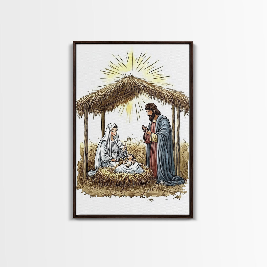 Retro Nativity Painting Print, Christmas Wall Art, Jesus in his Manger, Nativity Wall Art, Rustic Christmas Decor