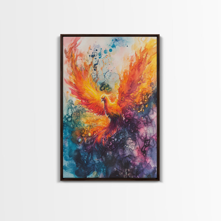 Rising Phoenix Canvas Print Wall Art - Majestric Watercolor Painting On Vertical Canvas, Framed and Ready To Hang, Hardware Included