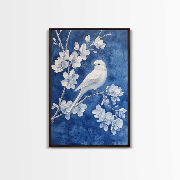 Blue Botanial Wall Art Chinoiserie Wall Art, White Bird, Blue Chinoiserie Home Decor, Botanical Print, Bird Painting, Framed Canvas Print