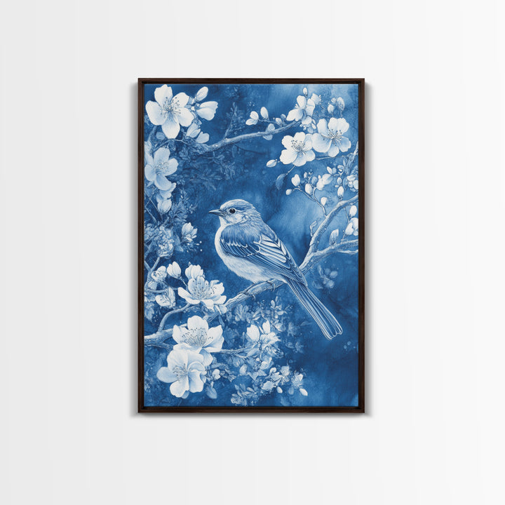 Blue Botanial Wall Art Chinoiserie Wall Art, White Bird, Blue Chinoiserie Home Decor, Botanical Print, Bird Painting, Ready To Hang