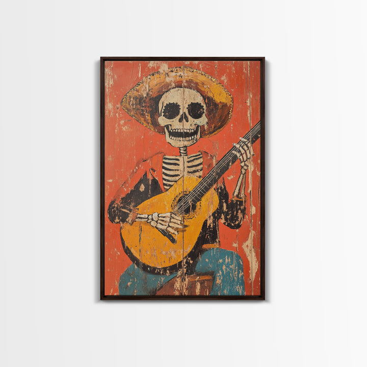 Arte Mexicano - Framed Canvas Print - Chicano Art - Skeleton Vaquero playing a guitarra, Mexican Inspired Wall Art, Southwestern Art